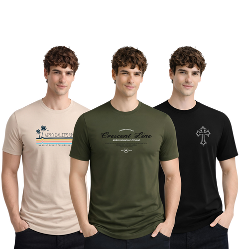 Men’s Cotton T-Shirt Combo Pack of 3 | Regular Fit | ADRO Basics Beige, Olive, Black