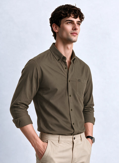 ADRO Men's Premium Oxford Cotton Shirt | Full Sleeve Casual Shirt | Regular Fit | Army Brown