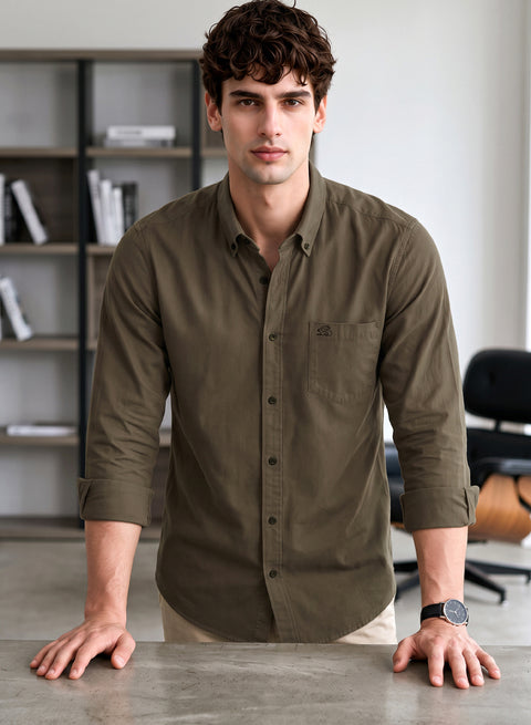 ADRO Men's Premium Oxford Cotton Shirt | Full Sleeve Casual Shirt | Regular Fit | Army Brown