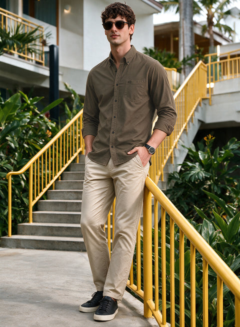 ADRO Men's Premium Oxford Cotton Shirt | Full Sleeve Casual Shirt | Regular Fit | Army Brown