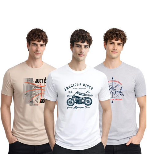 Men’s Cotton T-Shirt Combo Pack of 3 | Regular Fit | ADRO Basics Beige, White, Grey