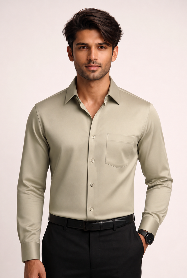 ADRO Premium Cotton Satin Shirt for Men | Casual Fit Solid Full Sleeve Shirt in Sand Beige