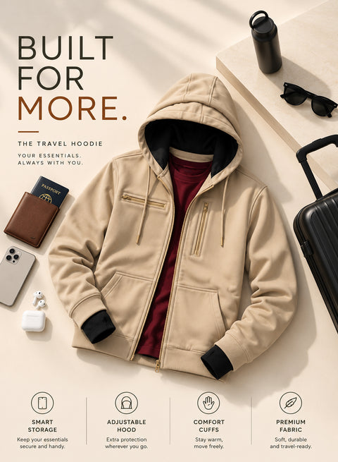 Adro Travel Hoodie for Men | Mens Multi Utility Zipper Hoodies| 320 GSM Soft Cotton |Men's Winter Sweatshirt | Waterproof Pockets Zip-Up Jacket with Hood Eye Shade | Beige