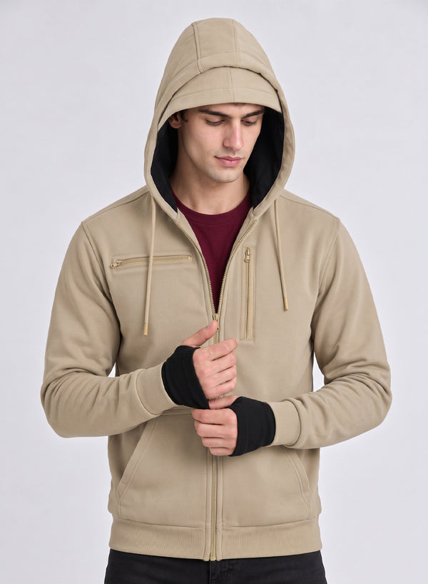 Adro Travel Hoodie for Men | Mens Multi Utility Zipper Hoodies| 320 GSM Soft Cotton |Men's Winter Sweatshirt | Waterproof Pockets Zip-Up Jacket with Hood Eye Shade | Beige