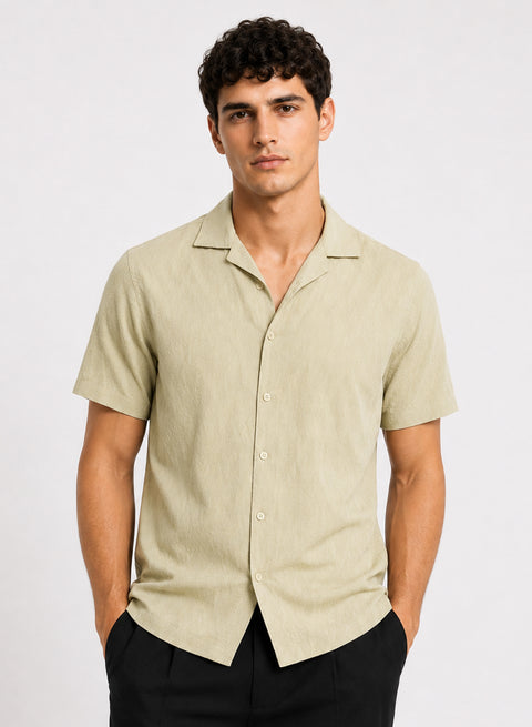 ADRO Men's Textured Cuban Collar Jacquard Shirt - Sand Beige
