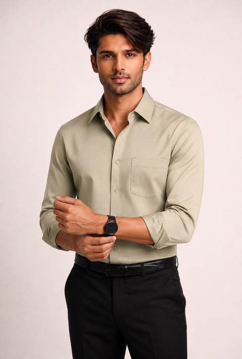 ADRO Premium Cotton Satin Shirt for Men | Casual Fit Solid Full Sleeve Shirt in Sand Beige