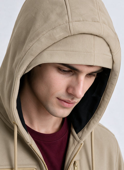 Adro Travel Hoodie for Men | Mens Multi Utility Zipper Hoodies| 320 GSM Soft Cotton |Men's Winter Sweatshirt | Waterproof Pockets Zip-Up Jacket with Hood Eye Shade | Beige
