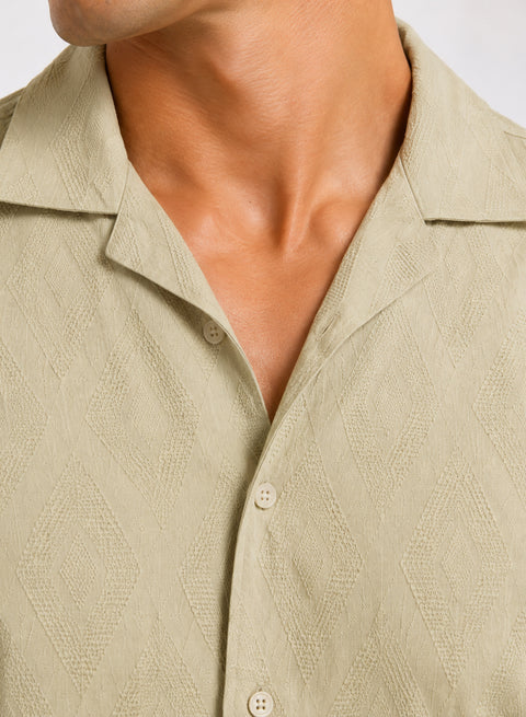 ADRO Men's Textured Cuban Collar Jacquard Shirt - Sand Beige