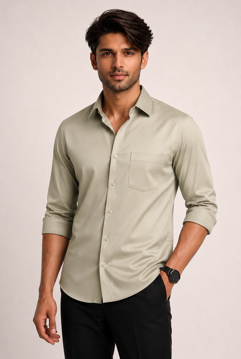 ADRO Premium Cotton Satin Shirt for Men | Casual Fit Solid Full Sleeve Shirt in Sand Beige