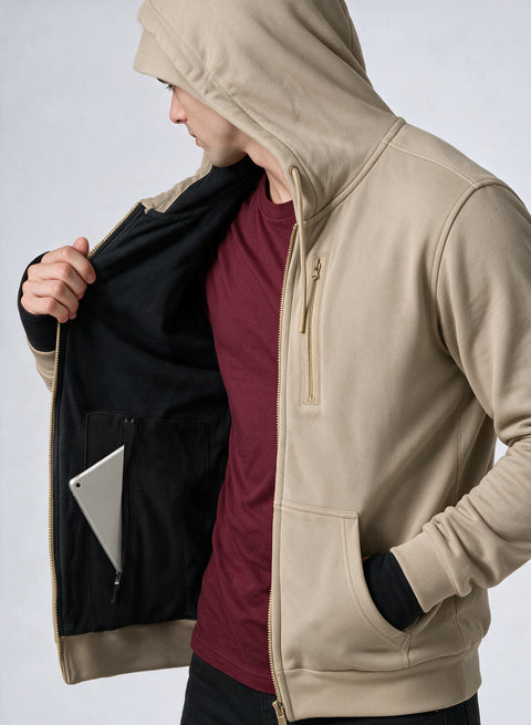Adro Travel Hoodie for Men | Mens Multi Utility Zipper Hoodies| 320 GSM Soft Cotton |Men's Winter Sweatshirt | Waterproof Pockets Zip-Up Jacket with Hood Eye Shade | Beige