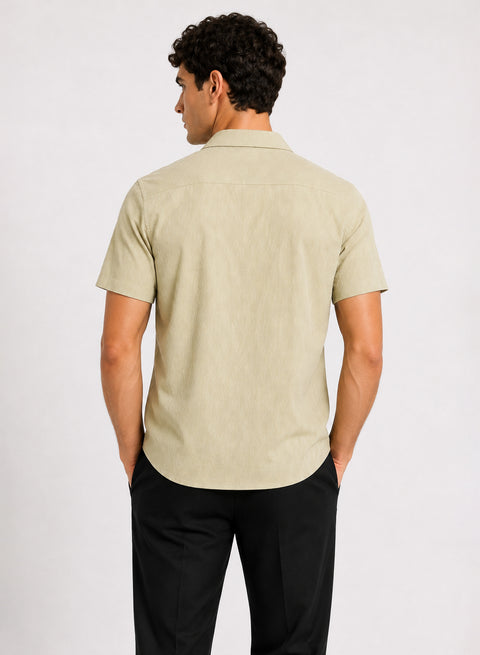 ADRO Men's Textured Cuban Collar Jacquard Shirt - Sand Beige