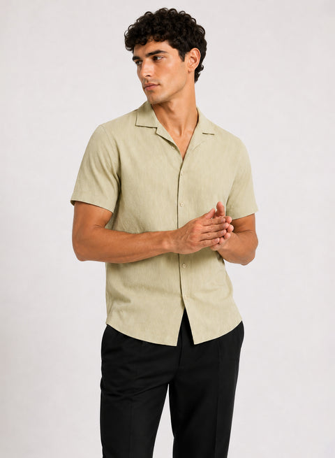 ADRO Men's Textured Cuban Collar Jacquard Shirt - Sand Beige