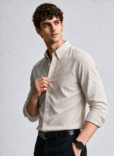 ADRO Mens Off-White Striped Oxford Cotton Casual Shirt for Men | Full Sleeve Button-Down Collar Smart Fit Shirts for Men