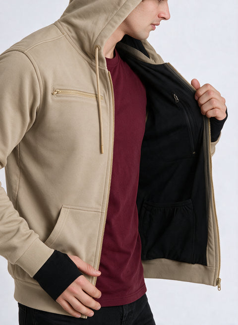 Adro Travel Hoodie for Men | Mens Multi Utility Zipper Hoodies| 320 GSM Soft Cotton |Men's Winter Sweatshirt | Waterproof Pockets Zip-Up Jacket with Hood Eye Shade | Beige