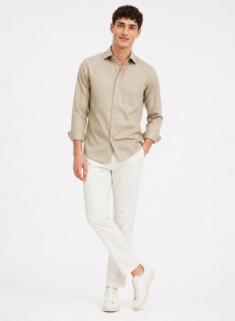 ADRO Premium Cotton Satin Shirt for Men | Casual Fit Solid Full Sleeve Shirt in Sand Beige