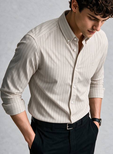 ADRO Mens Off-White Striped Oxford Cotton Casual Shirt for Men | Full Sleeve Button-Down Collar Smart Fit Shirts for Men