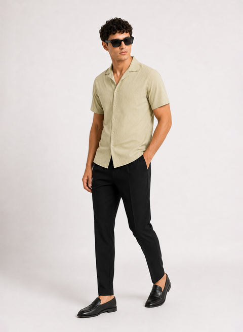 ADRO Men's Textured Cuban Collar Jacquard Shirt - Sand Beige