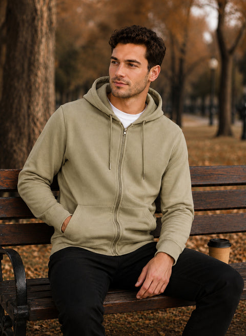 ADRO Zipper Hoodie for Men | 300 GSM Cotton Hoodies | Regular Fit Jacket for Men with Pockets | Sweatshirts with Zipper for Men | Sand Beige