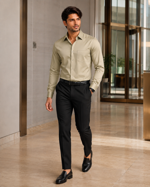 ADRO Premium Cotton Satin Shirt for Men | Casual Fit Solid Full Sleeve Shirt in Sand Beige