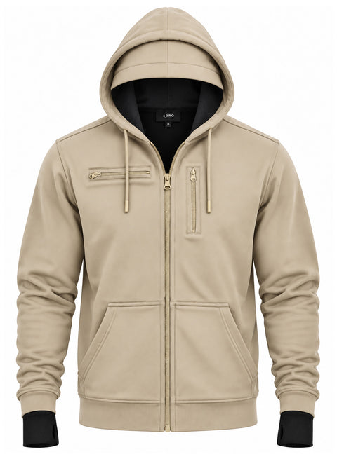 Adro Travel Hoodie for Men | Mens Multi Utility Zipper Hoodies| 320 GSM Soft Cotton |Men's Winter Sweatshirt | Waterproof Pockets Zip-Up Jacket with Hood Eye Shade | Beige