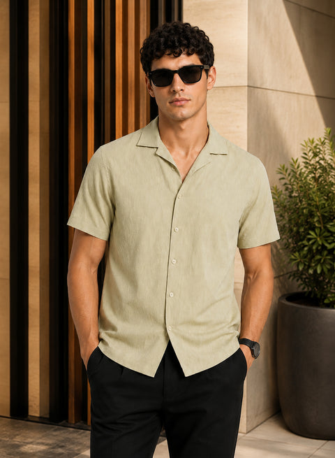 ADRO Men's Textured Cuban Collar Jacquard Shirt - Sand Beige