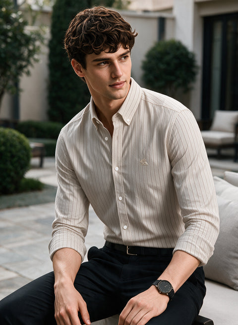 ADRO Mens Off-White Striped Oxford Cotton Casual Shirt for Men | Full Sleeve Button-Down Collar Smart Fit Shirts for Men