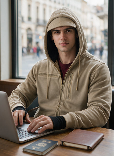 Adro Travel Hoodie for Men | Mens Multi Utility Zipper Hoodies| 320 GSM Soft Cotton |Men's Winter Sweatshirt | Waterproof Pockets Zip-Up Jacket with Hood Eye Shade | Beige