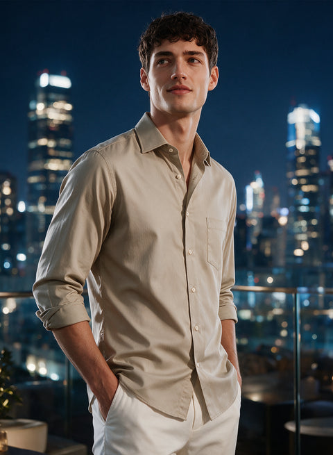 ADRO Men's Premium Cotton Satin Shirt | Solid Full Sleeve Casual Shirt | Regular Fit | Beige