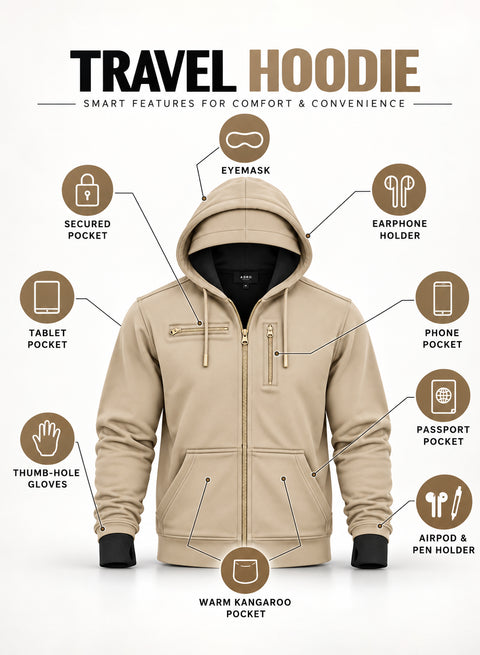 Adro Travel Hoodie for Men | Mens Multi Utility Zipper Hoodies| 320 GSM Soft Cotton |Men's Winter Sweatshirt | Waterproof Pockets Zip-Up Jacket with Hood Eye Shade | Beige