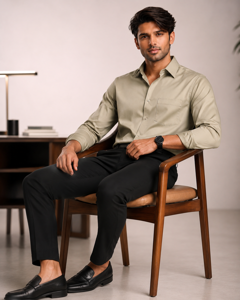 ADRO Premium Cotton Satin Shirt for Men | Casual Fit Solid Full Sleeve Shirt in Sand Beige