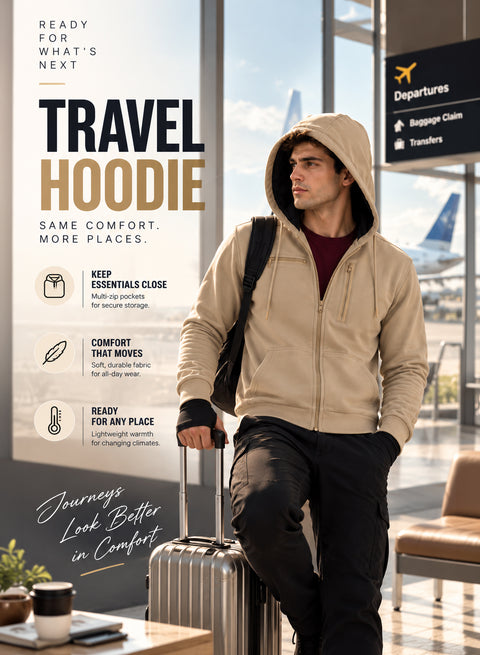 Adro Travel Hoodie for Men | Mens Multi Utility Zipper Hoodies| 320 GSM Soft Cotton |Men's Winter Sweatshirt | Waterproof Pockets Zip-Up Jacket with Hood Eye Shade | Beige