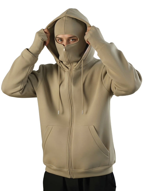 Adro Men Balaclava Hoodies | 320 GSM Soft Cotton Zipper Hoodie | Thumb-Hole Cuff Gloves | Travel Jacket with Hood | Winter Sweatshirt