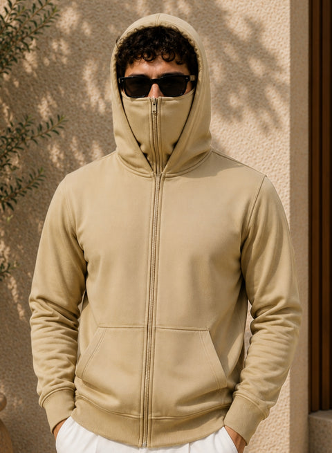 ADRO Balaclava Hoodie for Men | 300 GSM Cotton fleece Warm Fabric| Ski Mask Hooded Jacket for Men | Mens Hoodies with Gloves | Sand Beige