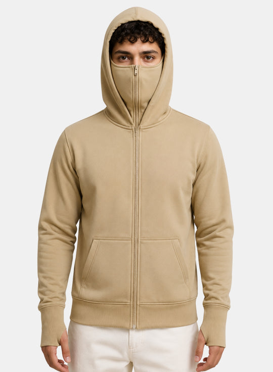ADRO Balaclava Hoodie for Men | 300 GSM Cotton fleece Warm Fabric| Ski Mask Hooded Jacket for Men | Mens Hoodies with Gloves | Sand Beige