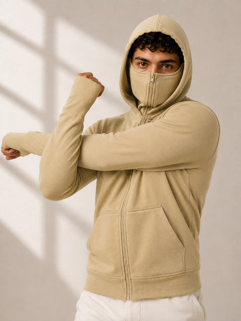 ADRO Balaclava Hoodie for Men | 300 GSM Cotton fleece Warm Fabric| Ski Mask Hooded Jacket for Men | Mens Hoodies with Gloves | Sand Beige
