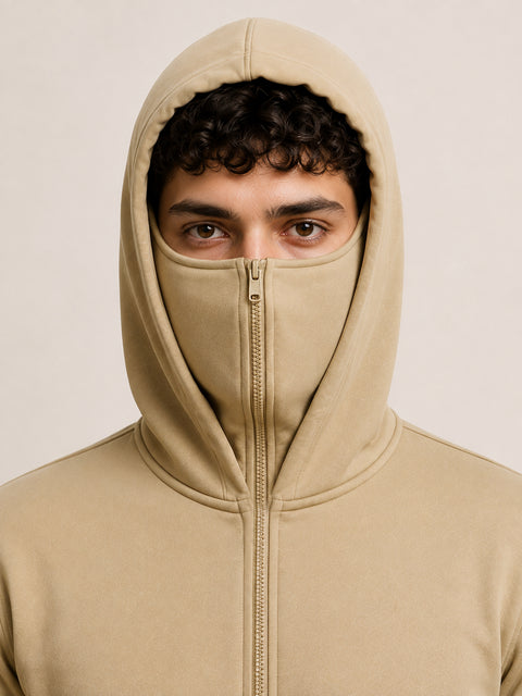 ADRO Balaclava Hoodie for Men | 300 GSM Cotton fleece Warm Fabric| Ski Mask Hooded Jacket for Men | Mens Hoodies with Gloves | Sand Beige