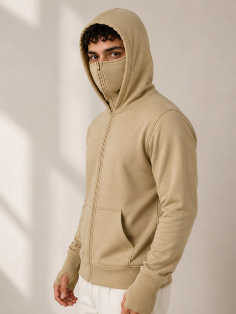 ADRO Balaclava Hoodie for Men | 300 GSM Cotton fleece Warm Fabric| Ski Mask Hooded Jacket for Men | Mens Hoodies with Gloves | Sand Beige