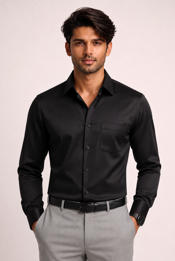ADRO Premium Cotton Satin Shirt for Men | Casual Fit Solid Full Sleeve Shirt in Jet Black