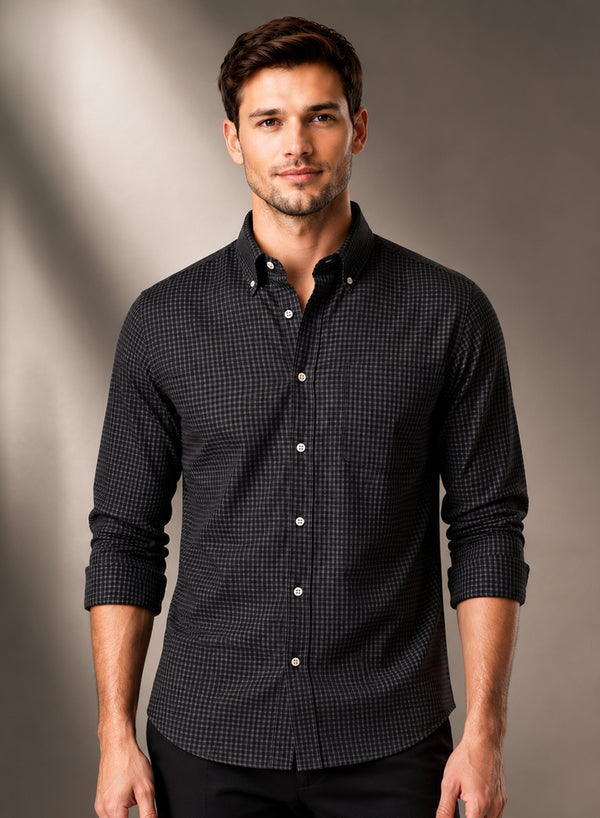 ADRO Men's Black Micro Check Slim Fit Casual Shirt
