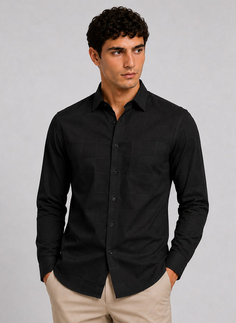 ADRO Men's Textured Windowpane Check Shirt - Black
