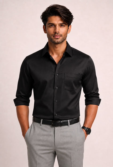 ADRO Premium Cotton Satin Shirt for Men | Casual Fit Solid Full Sleeve Shirt in Jet Black
