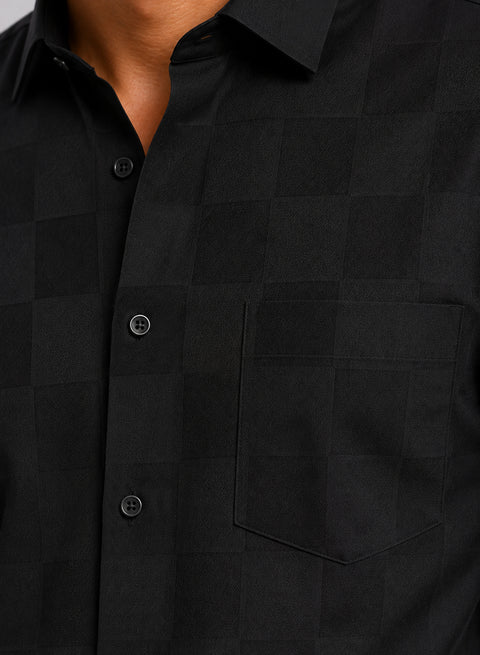 ADRO Men's Textured Windowpane Check Shirt - Black