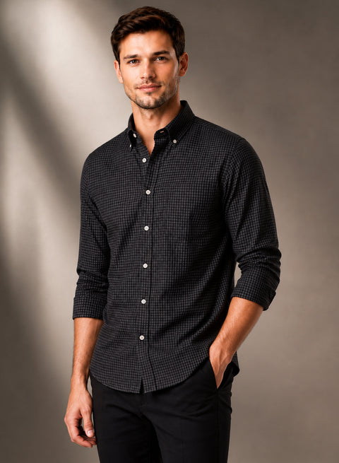 ADRO Men's Black Micro Check Slim Fit Casual Shirt