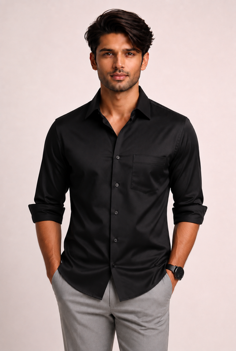 ADRO Premium Cotton Satin Shirt for Men | Casual Fit Solid Full Sleeve Shirt in Jet Black