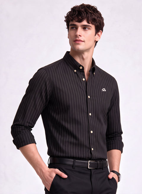 ADRO Mens Black Striped Oxford Cotton Casual Shirt for Men | Full Sleeve Button-Down Collar Smart Fit Shirts for Men