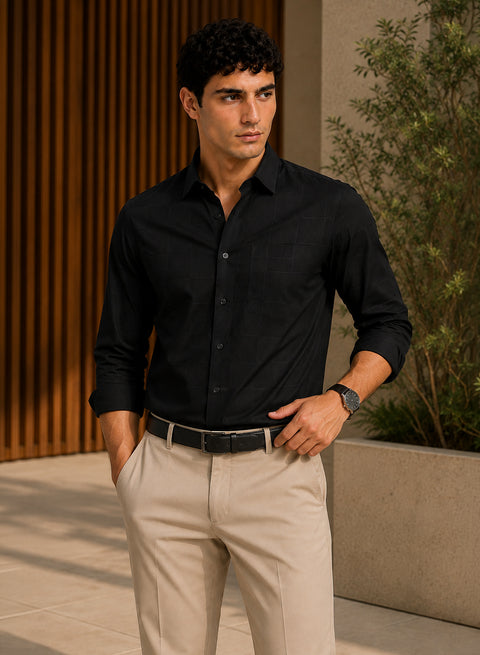 ADRO Men's Textured Windowpane Check Shirt - Black