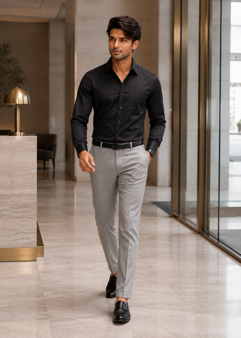 ADRO Premium Cotton Satin Shirt for Men | Casual Fit Solid Full Sleeve Shirt in Jet Black