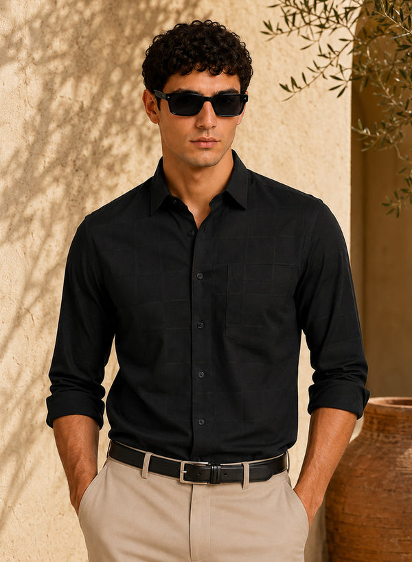 ADRO Men's Textured Windowpane Check Shirt - Black
