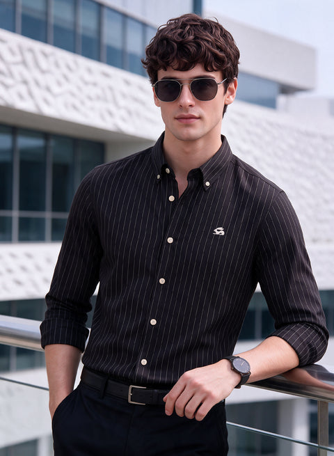 ADRO Mens Black Striped Oxford Cotton Casual Shirt for Men | Full Sleeve Button-Down Collar Smart Fit Shirts for Men