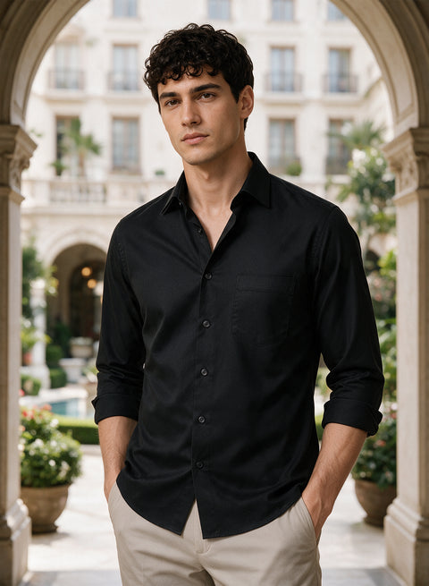 ADRO Men's Premium Cotton Satin Shirt | Solid Full Sleeve Casual Shirt | Regular Fit | Black